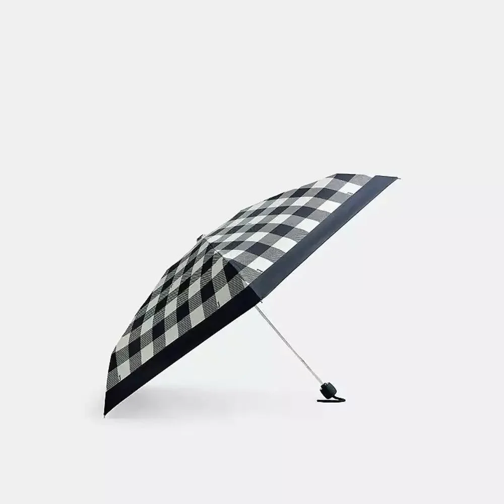 NWT Coach Uv Protection Mini Umbrella With Gingham Print Silver/Black CFA47